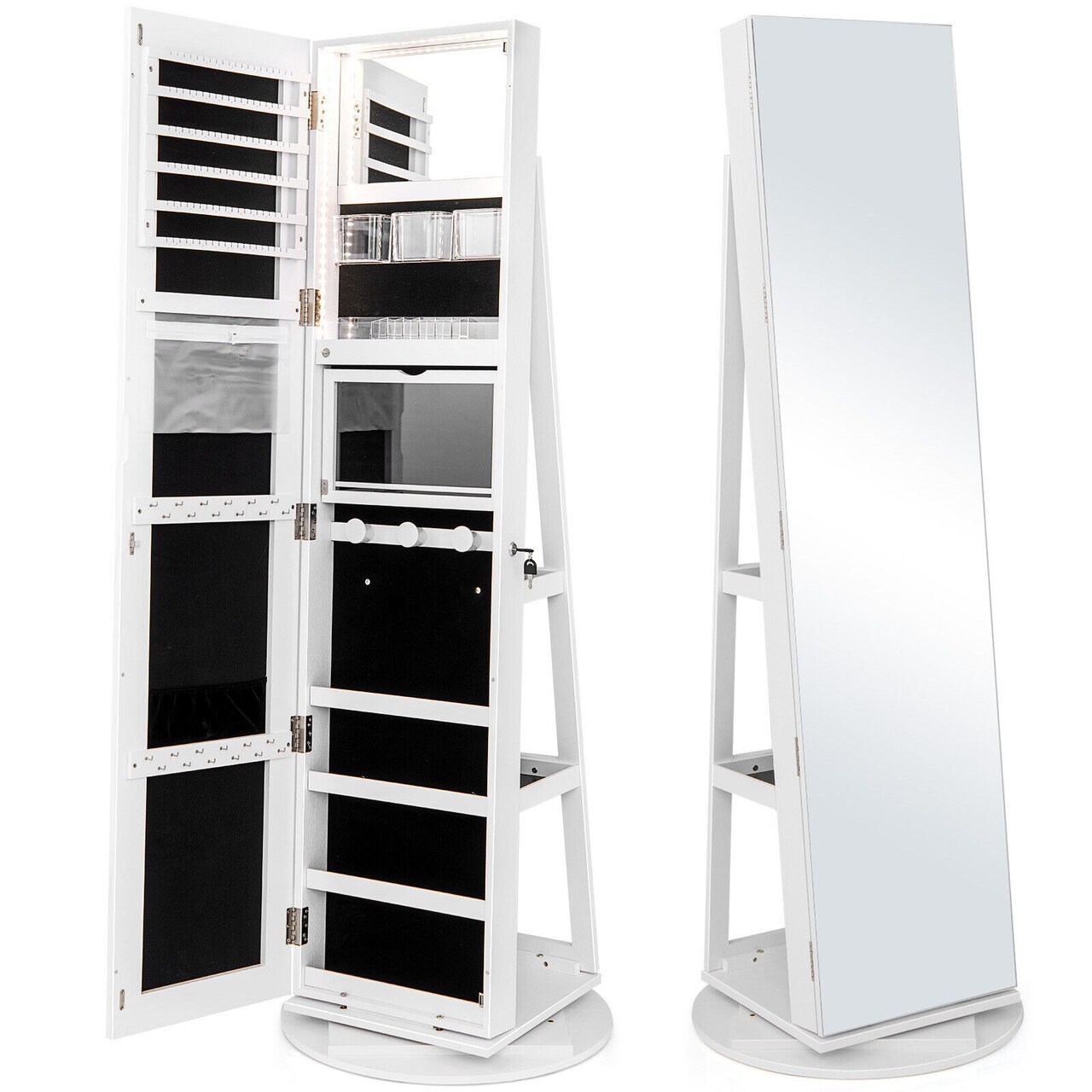 360 Degree Full Length Mirror Jewelry Armoire Cabinet with 3-Color LED Lights and Lockable Door